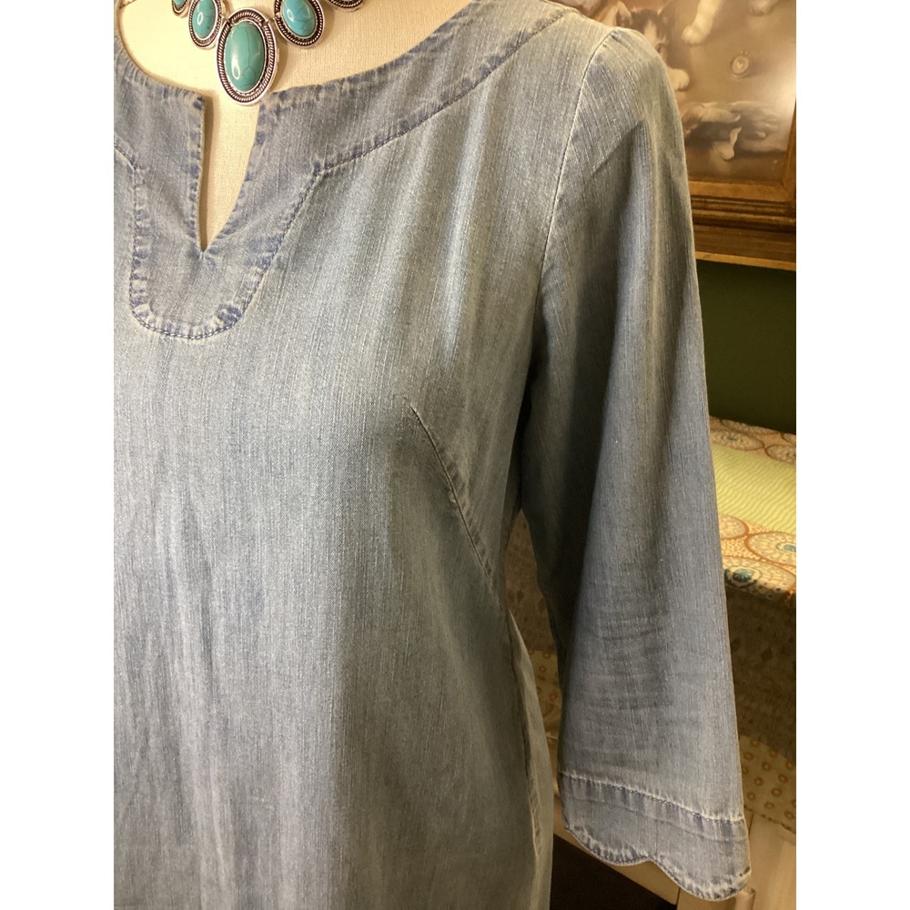 Talbots Petites Blue Chambray Cotton Scallop Hem Shift Dress 2P Light Wash - Picture 2 of 5